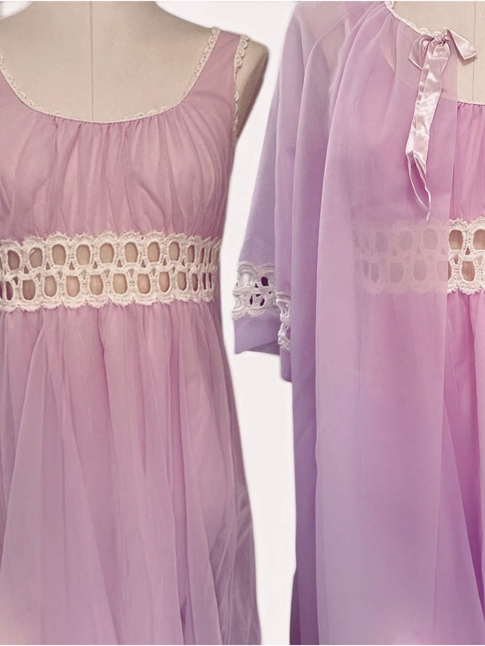 Vintage Peignoir Set Sheer Lilac Nightgown with Lace Waistband